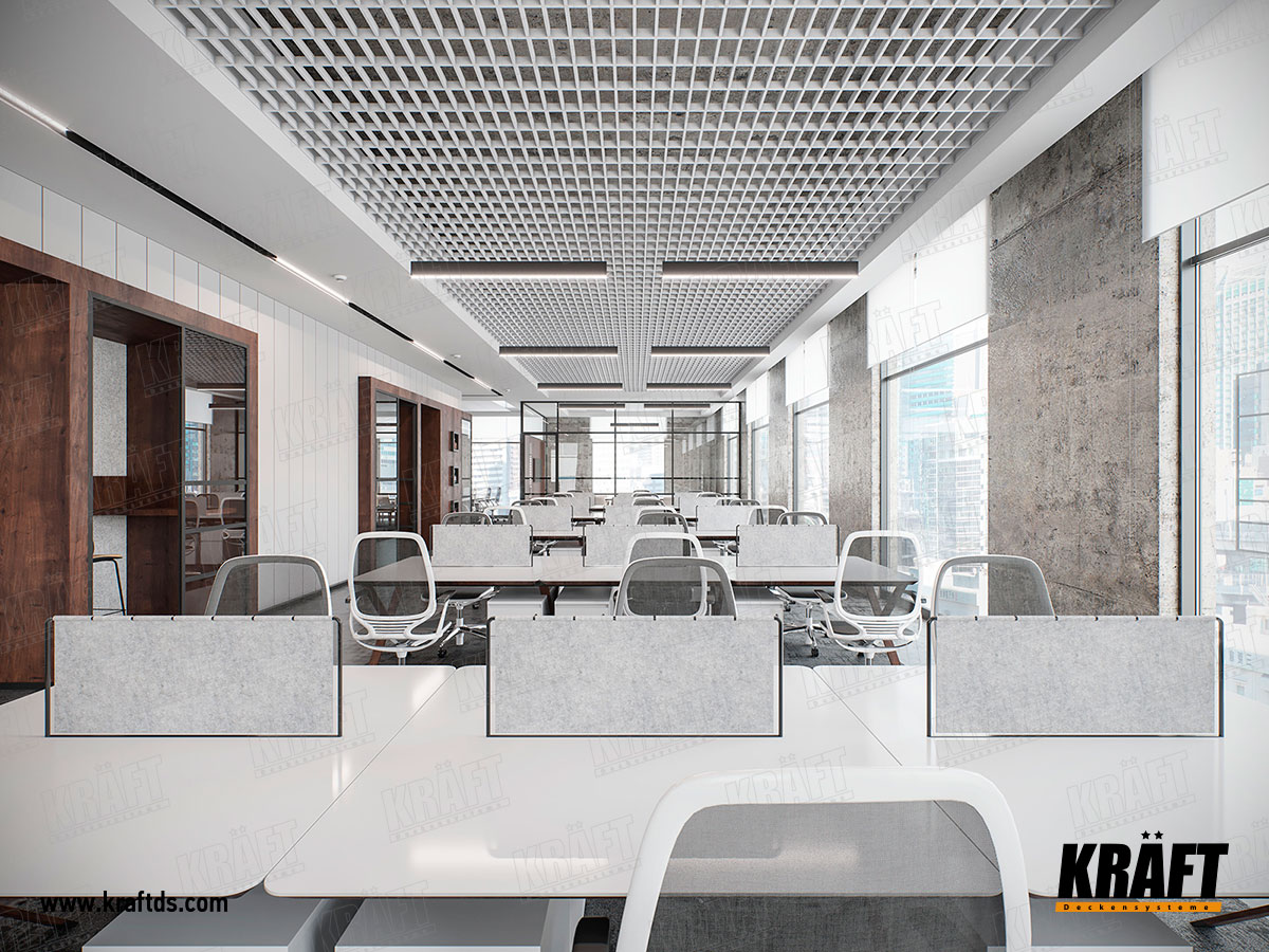 Designerski dekoracyjny sufit podwieszany wykonany z listwy plaskiej KRAFT. Sufit ekranowy z oświetleniem KRAFT Led w biurze.