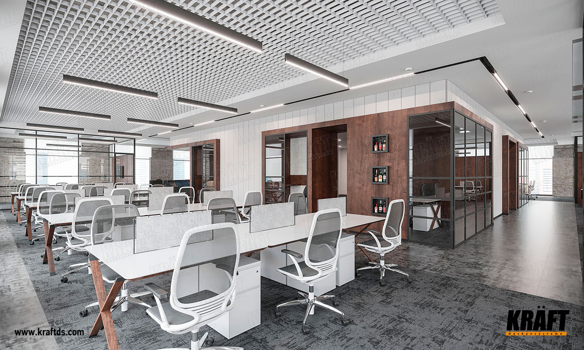 Sufit podwieszany w biurze z płytami metalowymi na bazie T-profila KRAFT Fortis