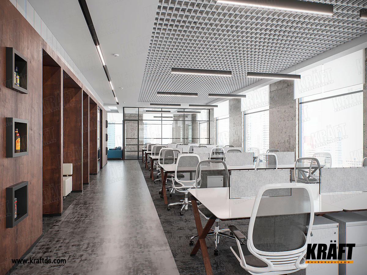 Designerski dekoracyjny sufit podwieszany wykonany z listwy plaskiej KRAFT. Sufit ekranowy z oświetleniem KRAFT Led w biurze.