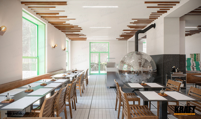 Sufit podwieszany z listwy kubicznej KRAFT z oświetleniem KRAFT Led we wnętrzu kawiarni, restauracji, baru