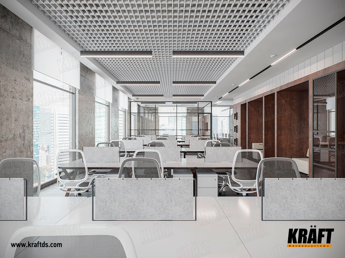 Sufit podwieszany w biurze z płytami metalowymi na bazie T-profila KRAFT Fortis