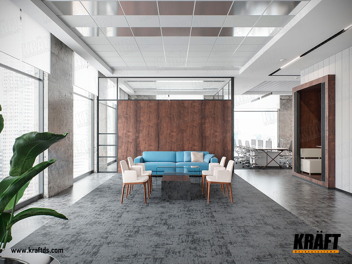 Designerski dekoracyjny sufit podwieszany wykonany z listwy plaskiej KRAFT. Sufit ekranowy z oświetleniem KRAFT Led w biurze.