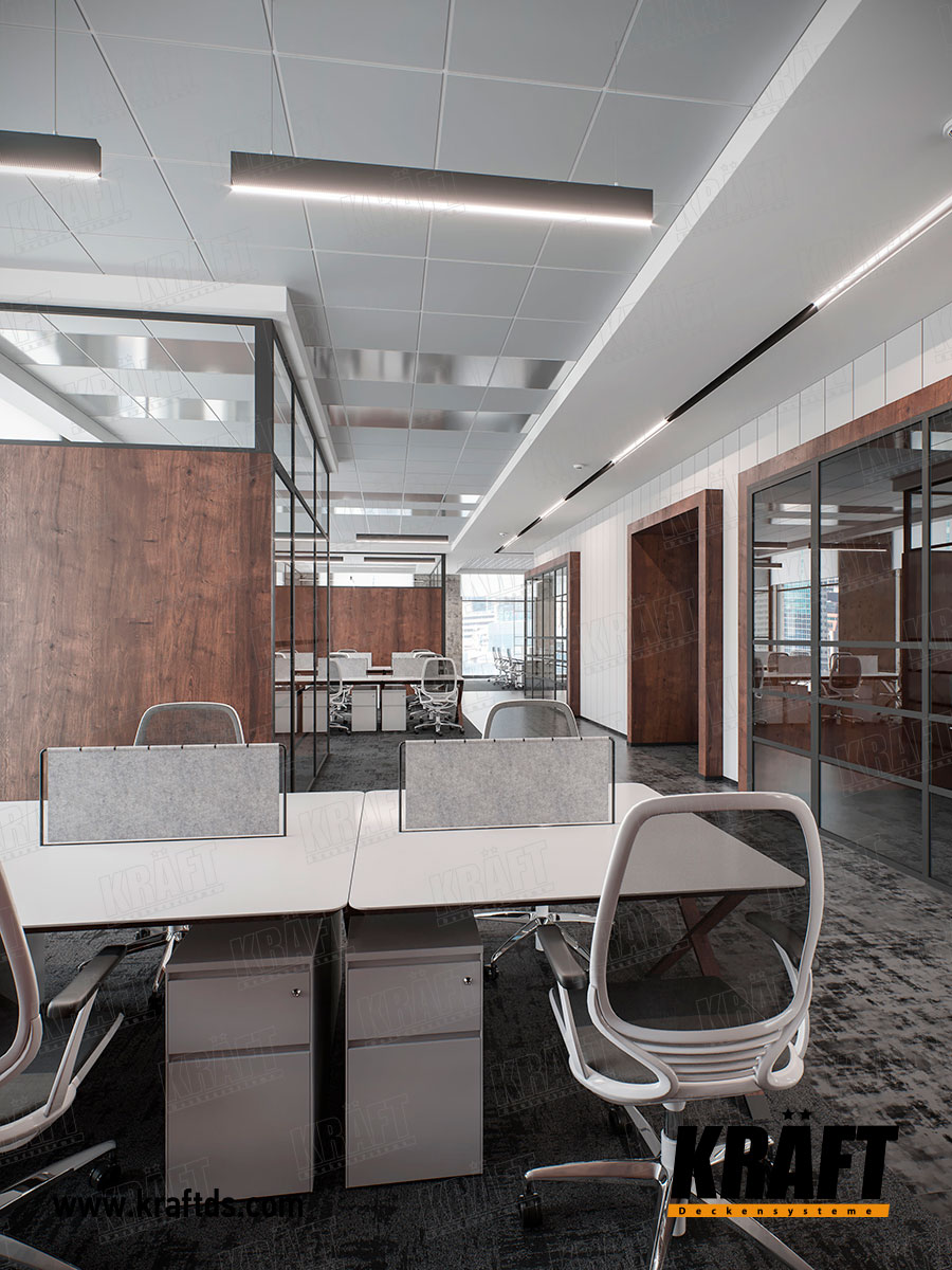 Designerski dekoracyjny sufit podwieszany wykonany z listwy plaskiej KRAFT. Sufit ekranowy z oświetleniem KRAFT Led w biurze.
