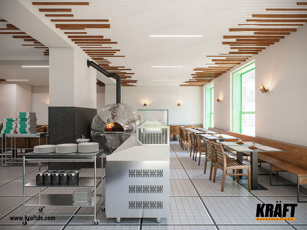 Sufit podwieszany z listwą kubiczną KRAFT z oświetleniem KRAFT Led we wnętrzu kawiarni, restauracji, baru