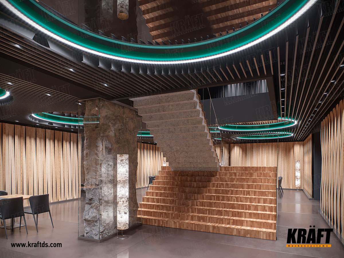 Wielopoziomowy designerski sufit podwieszany z listwy plaskiej CRAFT (sufit ekranowy) we wnętrzu restauracji, kawiarni, baru