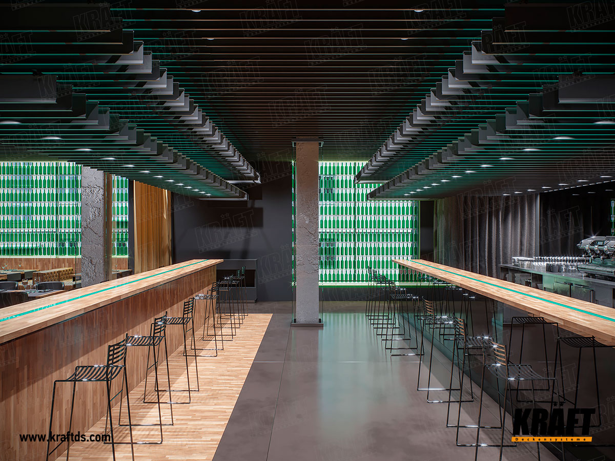 Wielopoziomowy designerski sufit podwieszany z listwy plaskiej CRAFT (sufit ekranowy) we wnętrzu restauracji, kawiarni, baru