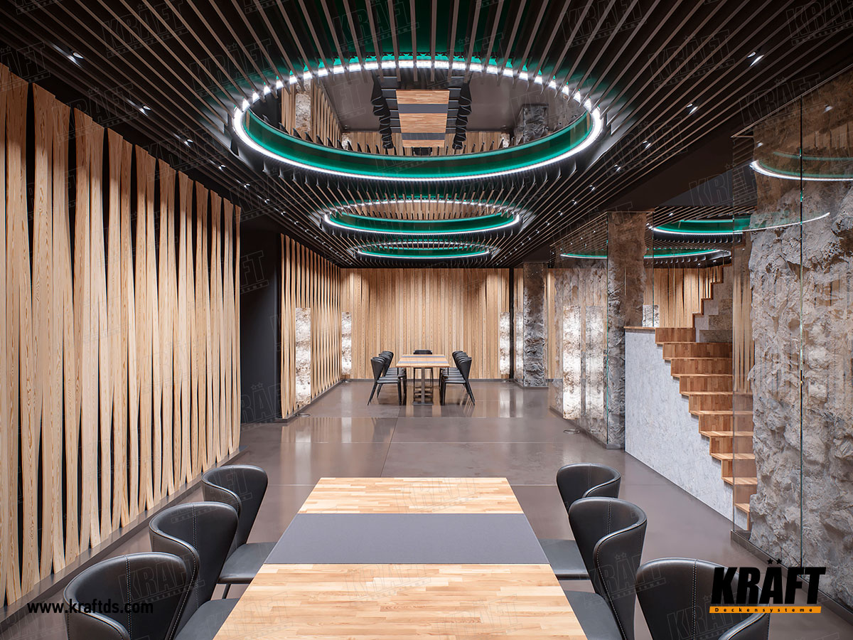 Wielopoziomowy designerski sufit podwieszany z listwy plaskiej CRAFT (sufit ekranowy) we wnętrzu restauracji, kawiarni, baru