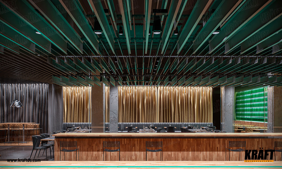 Wielopoziomowy designerski sufit podwieszany z listwy plaskiej CRAFT (sufit ekranowy) we wnętrzu restauracji, kawiarni, baru