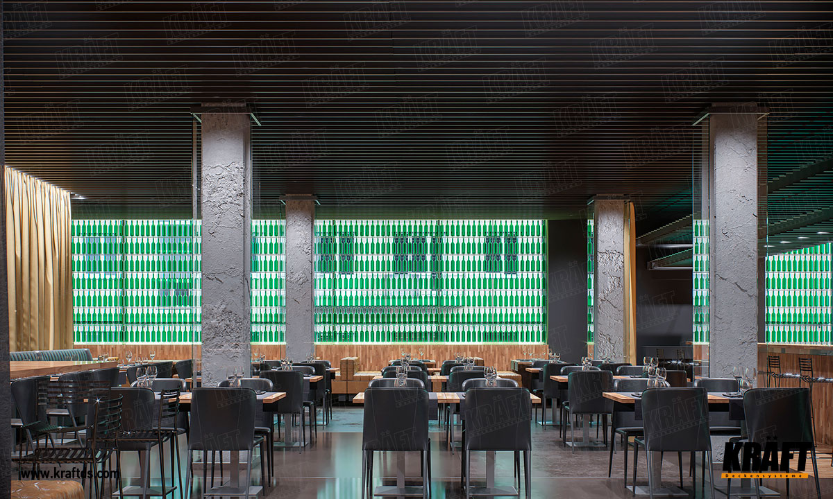 Wielopoziomowy designerski sufit podwieszany z listwy plaskiej CRAFT (sufit ekranowy) we wnętrzu restauracji, kawiarni, baru