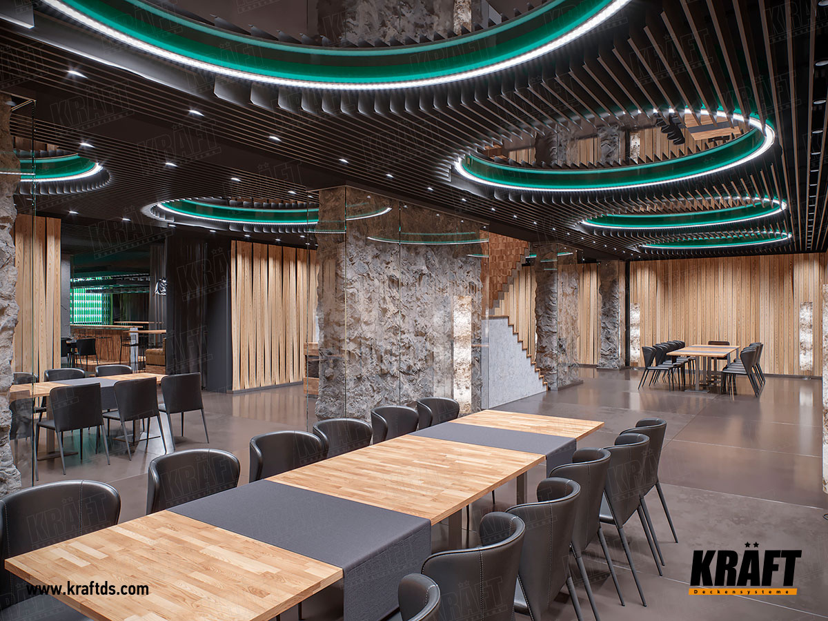 Wielopoziomowy designerski sufit podwieszany z listwy plaskiej CRAFT (sufit ekranowy) we wnętrzu restauracji, kawiarni, baru