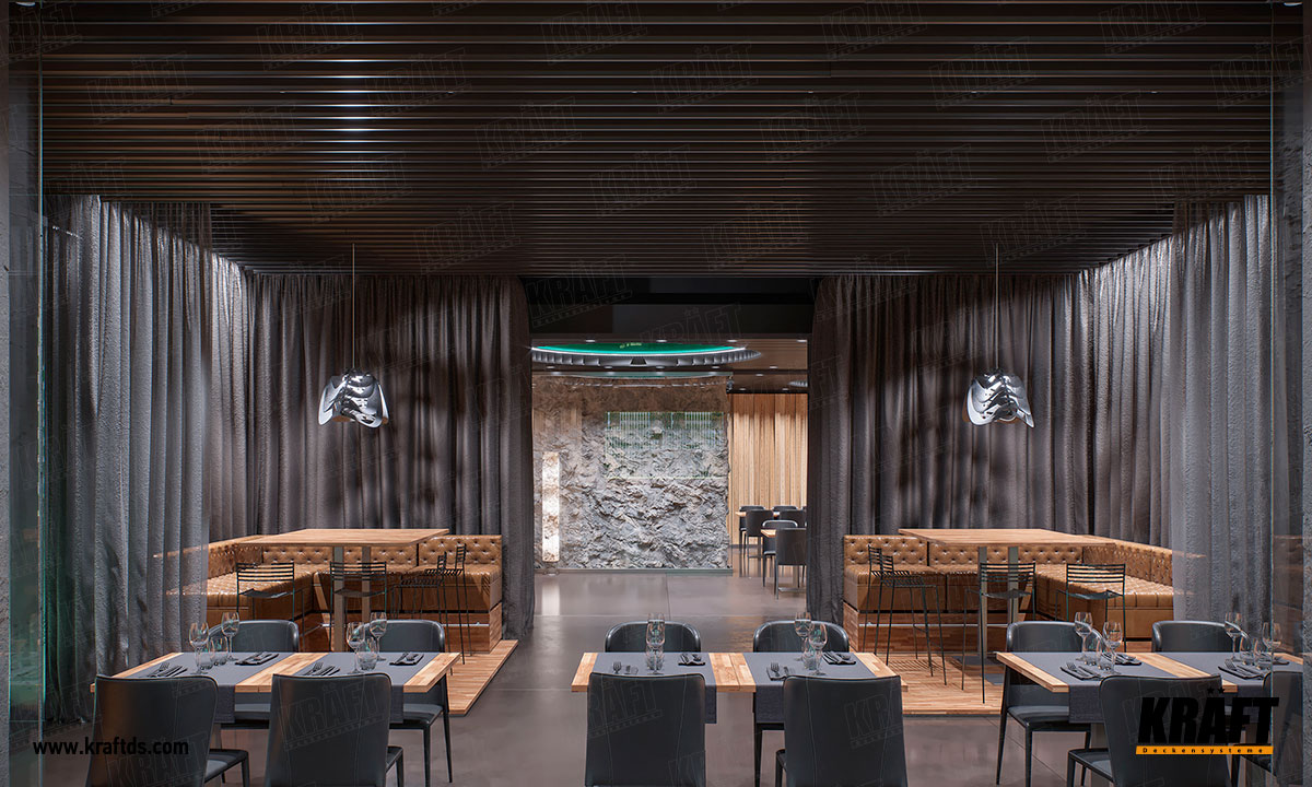 Wielopoziomowy designerski sufit podwieszany z listwy plaskiej CRAFT (sufit ekranowy) we wnętrzu restauracji, kawiarni, baru