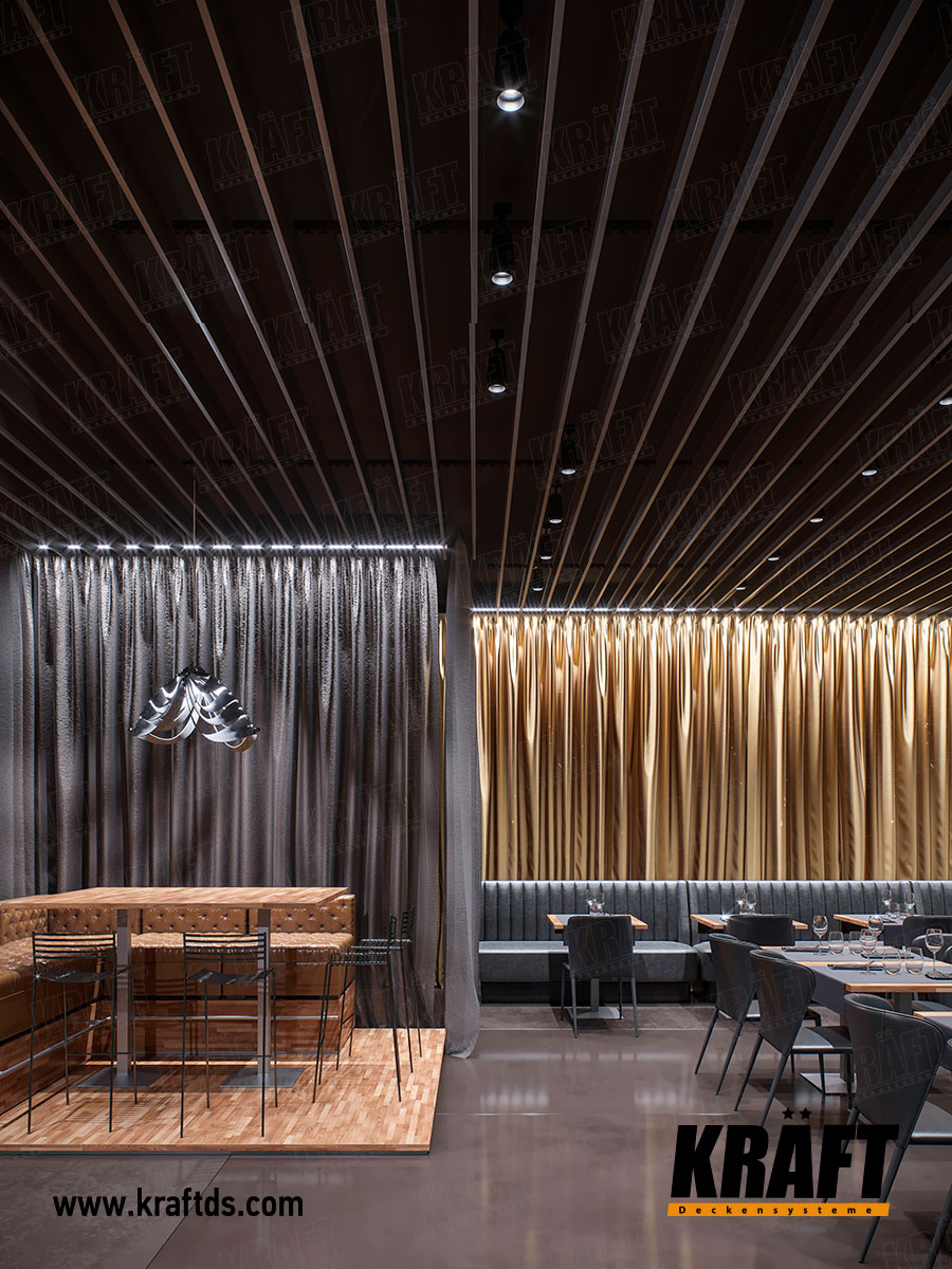 Wielopoziomowy designerski sufit podwieszany z listwy plaskiej CRAFT (sufit ekranowy) we wnętrzu restauracji, kawiarni, baru