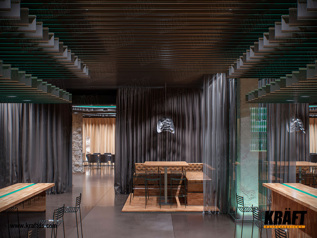 Wielopoziomowy designerski sufit podwieszany z listwy plaskiej CRAFT (sufit ekranowy) we wnętrzu restauracji, kawiarni, baru