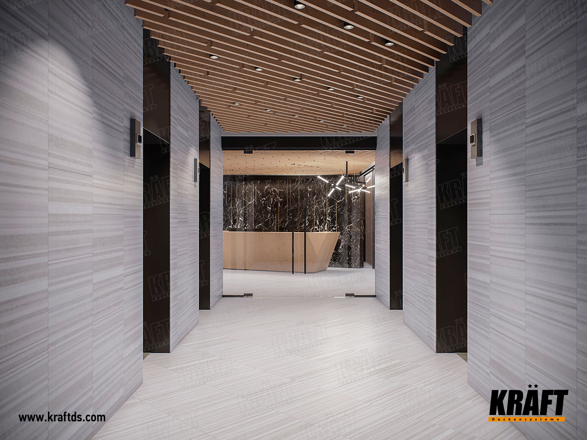 Sufit podwieszany z listwy kubicznej KRAFT o układzie diagonalnym w biurze, recepcji, jadalni