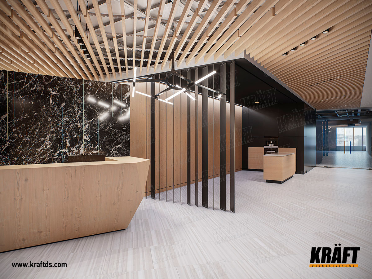 Sufit podwieszany z listwy kubicznej KRAFT o układzie diagonalnym w biurze, recepcji, jadalni