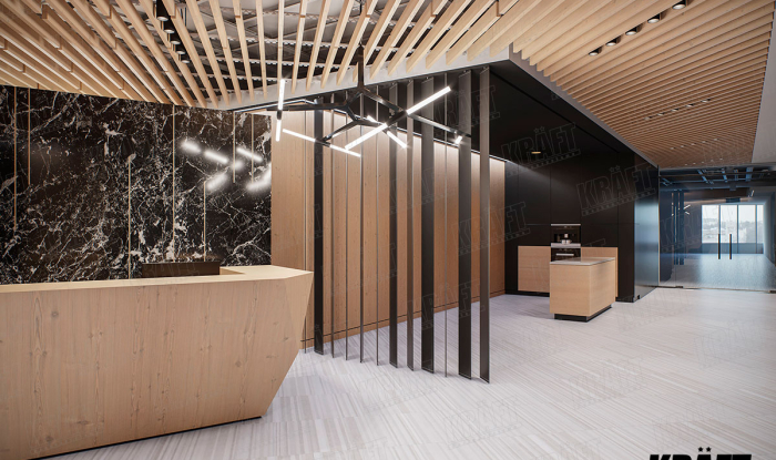 Sufit podwieszany z listwy kubicznej KRAFT o układzie diagonalnym w biurze, recepcji, jadalni