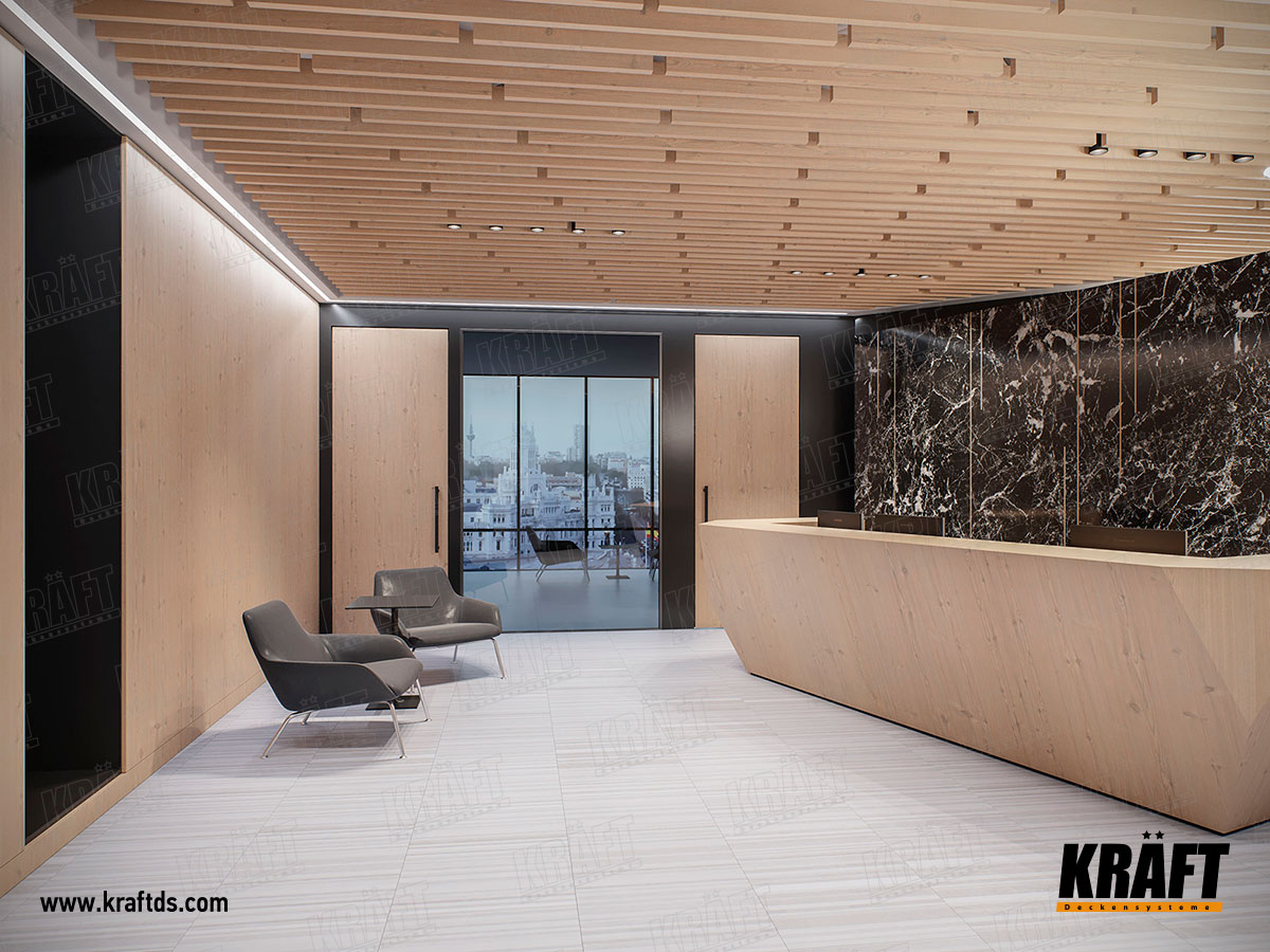 Sufit podwieszany z listwy kubicznej KRAFT o układzie diagonalnym w biurze, recepcji, jadalni