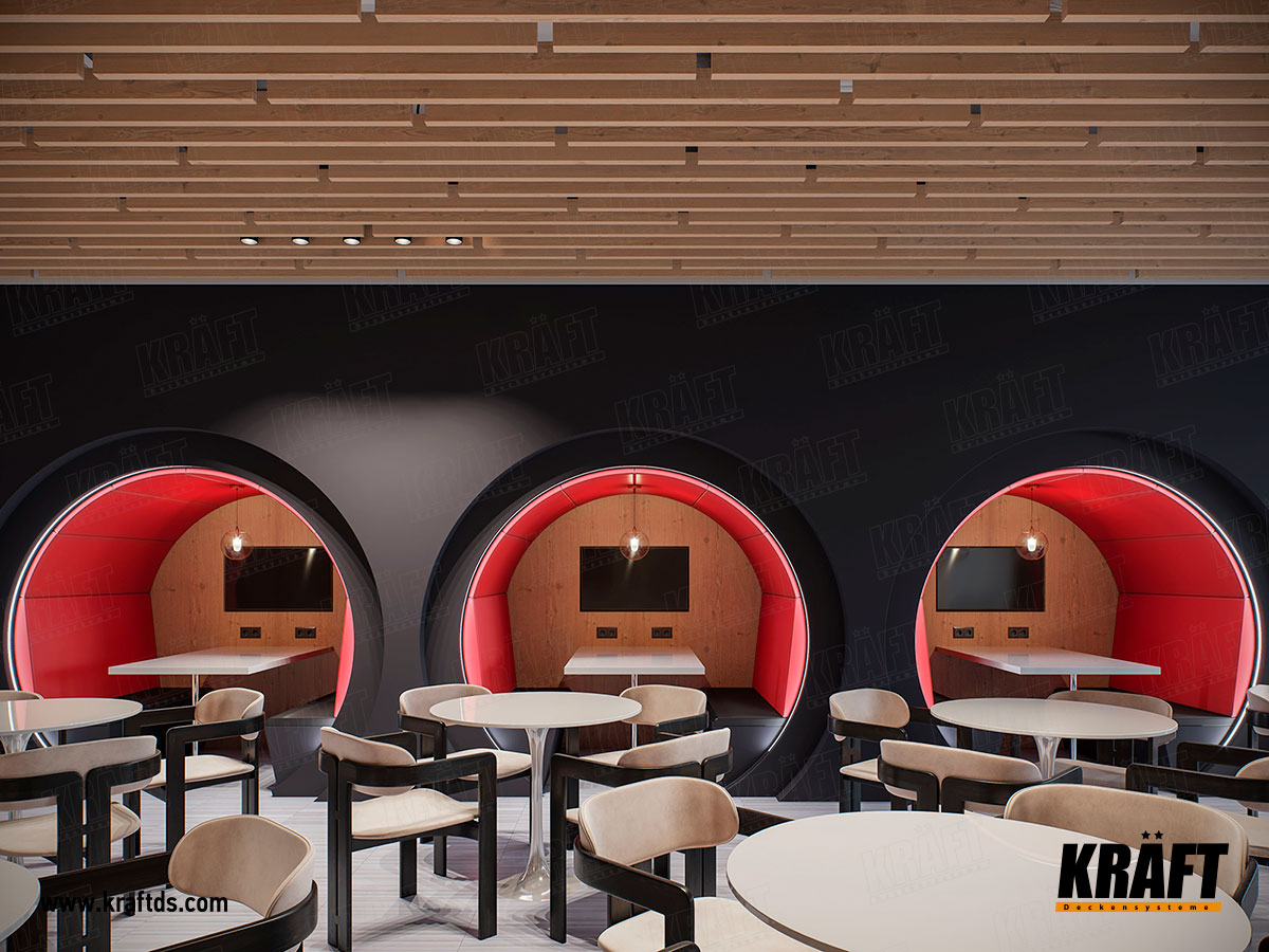 Sufit podwieszany z listwy kubicznej KRAFT o układzie diagonalnym w biurze, recepcji, jadalni