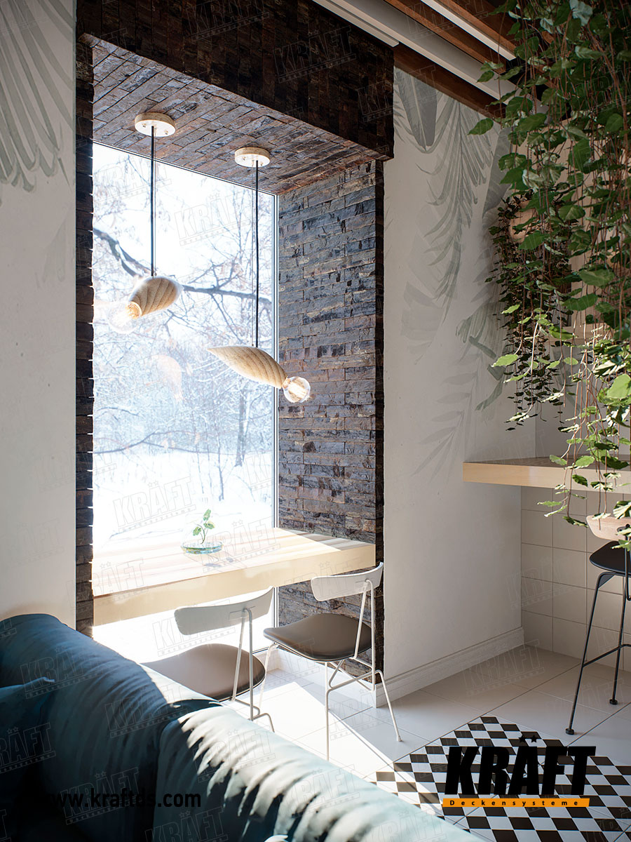 Designerski sufit podwieszany listwowy KRAFT z listew w różnych kolorach we wnętrzu kawiarni, restauracji, baru, jadalni