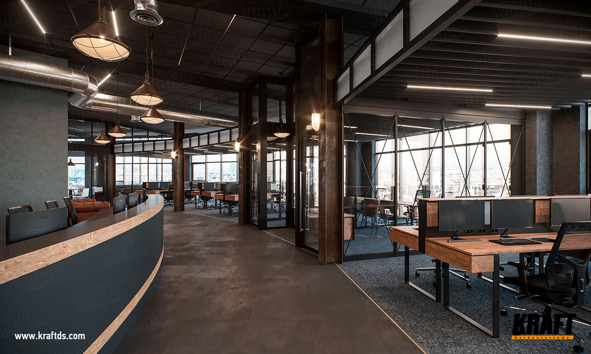 Sufit podwieszany rastrowy, ekranowy listwowy KRAFT we wnętrzu biura