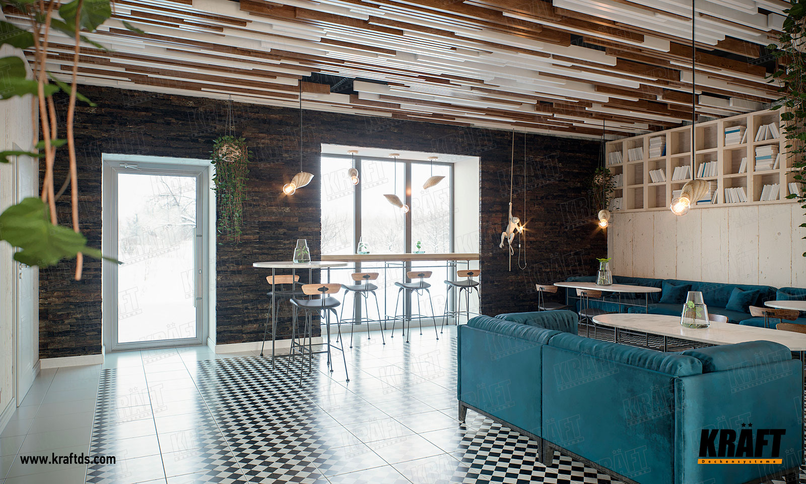 Designerski sufit podwieszany listwowy KRAFT z listew w różnych kolorach we wnętrzu kawiarni, restauracji, baru, jadalni