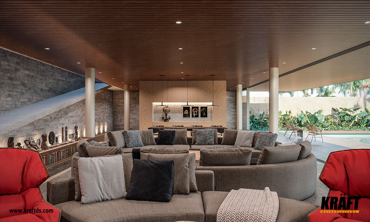 Sufit podwieszany z metalowej listwy kubicznej produkcji KRAFT we wnętrzu strefy rekreacyjnej z basenem