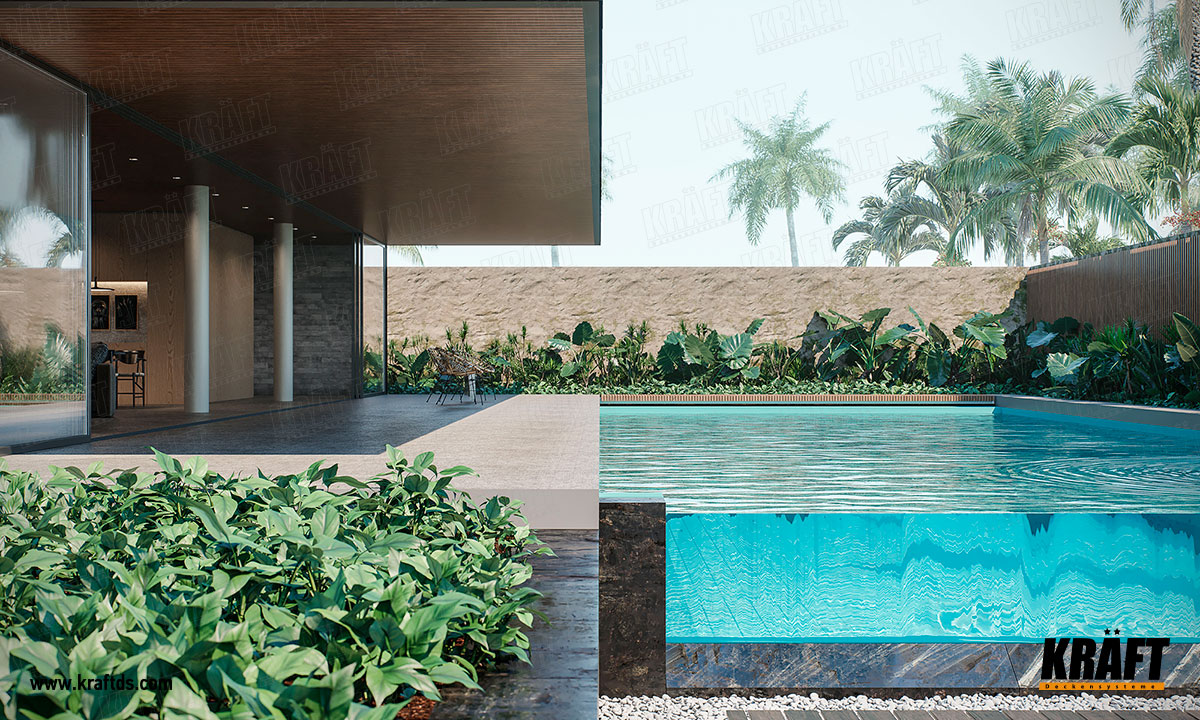 Sufit podwieszany z metalowej listwy kubicznej produkcji KRAFT we wnętrzu strefy rekreacyjnej z basenem