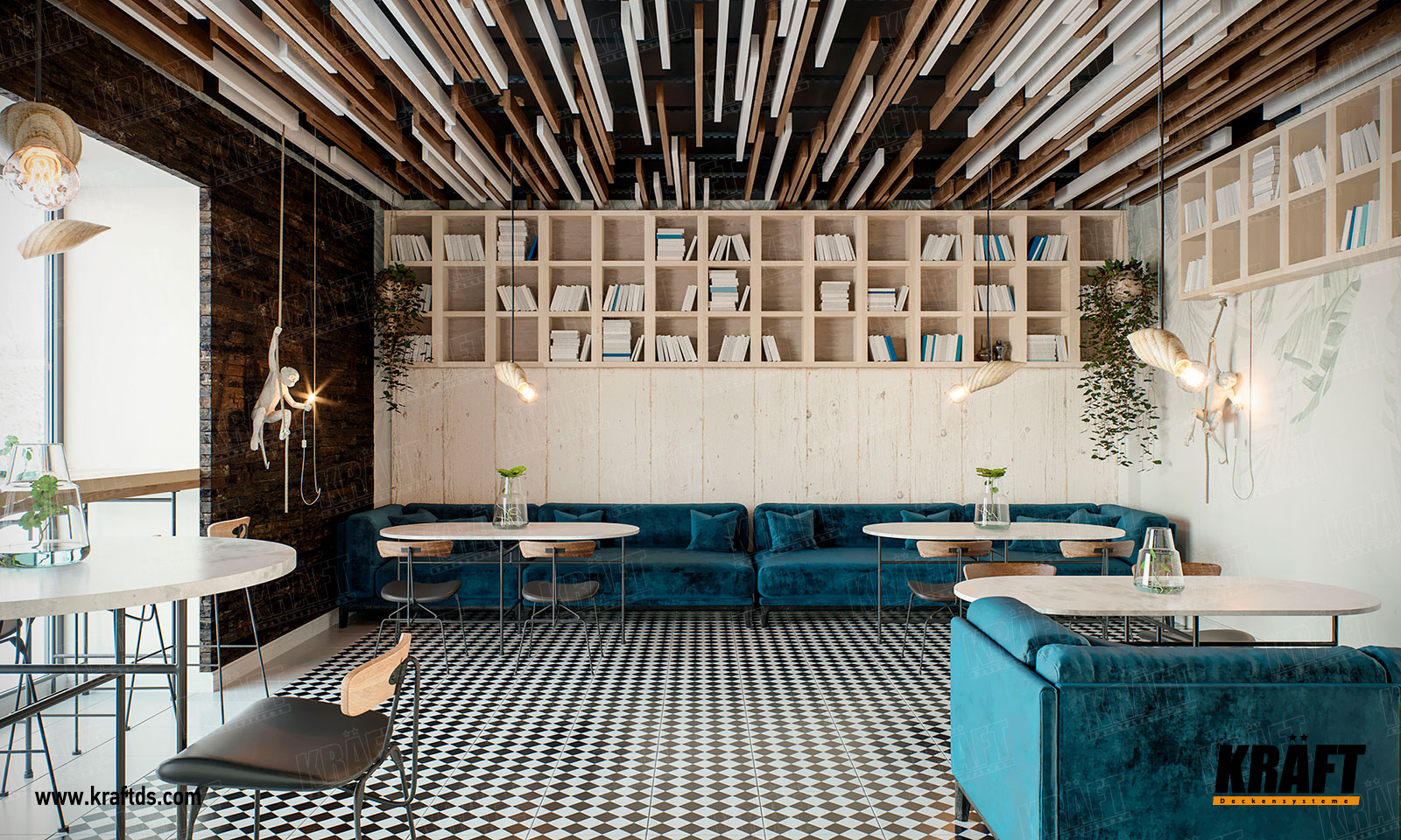 Designerski sufit podwieszany listwowy KRAFT z listew w różnych kolorach we wnętrzu kawiarni, restauracji, baru, jadalni