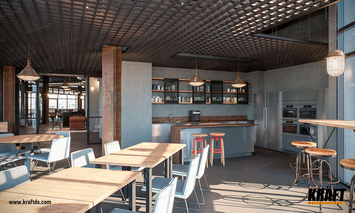 Sufity podwieszane dwupoziomowe KRAFT we wnętrzu biura typu otwartego: sufit akustyczny Kraft Fortis, griljato piramidalne, sufit ekranowy z listwy płaskiej, oświetlenie KRAFT Led