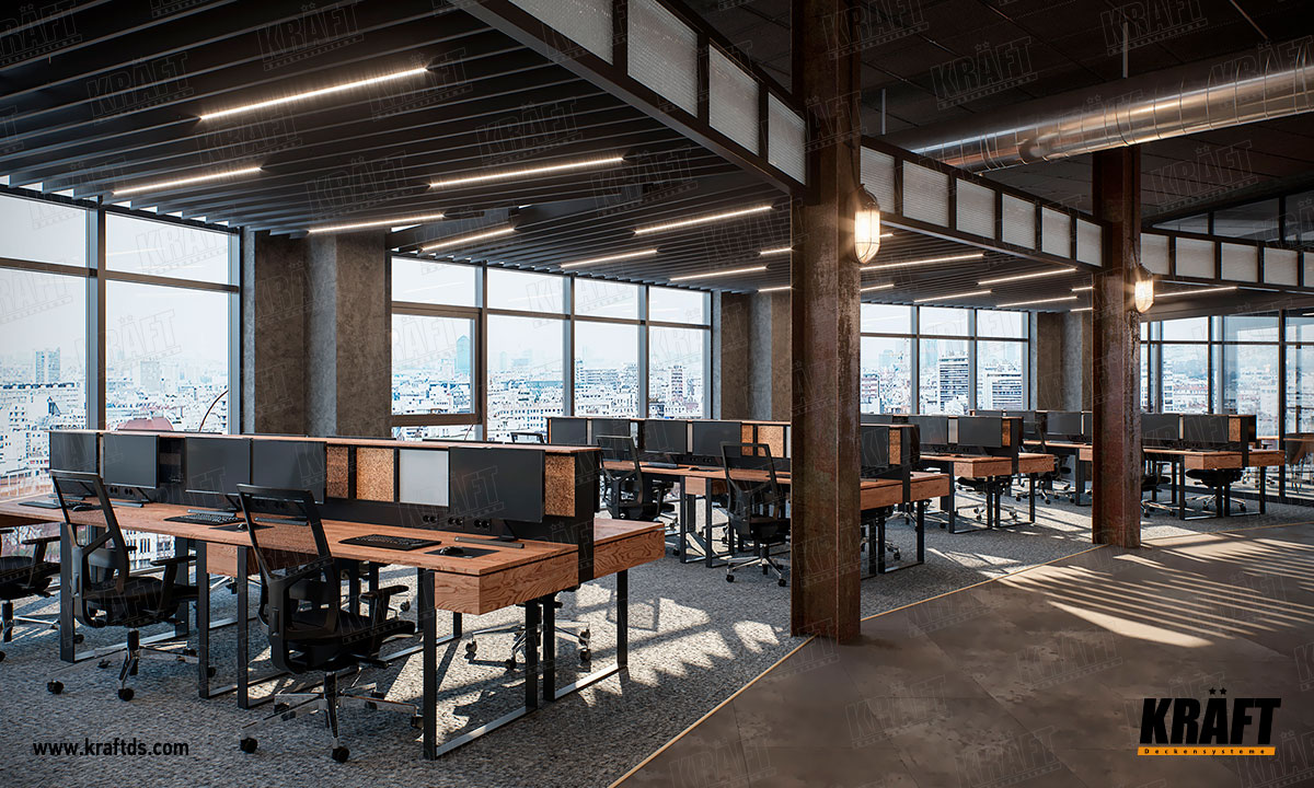 Sufity podwieszane dwupoziomowe KRAFT we wnętrzu biura typu otwartego: sufit akustyczny Kraft Fortis, griljato piramidalne, sufit ekranowy z listwy płaskiej, oświetlenie KRAFT Led