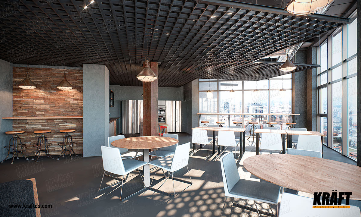 Sufity podwieszane dwupoziomowe KRAFT we wnętrzu biura typu otwartego: sufit akustyczny Kraft Fortis, griljato piramidalne, sufit ekranowy z listwy płaskiej, oświetlenie KRAFT Led