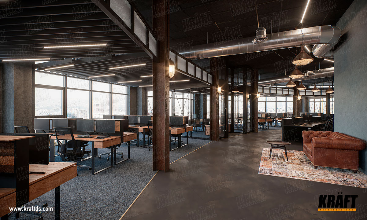 Sufit podwieszany rastrowy, ekranowy listwowy KRAFT we wnętrzu biura