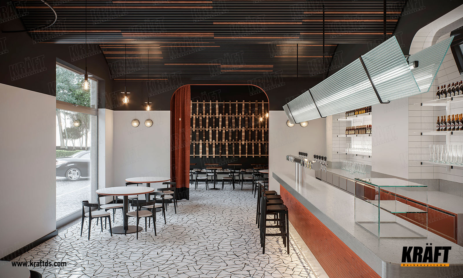 Sufit podwieszany z listwy kubicznej KRAFT. Designerski sufit za pomocą elastycznego trawersu do stworzenia efektu „fal”