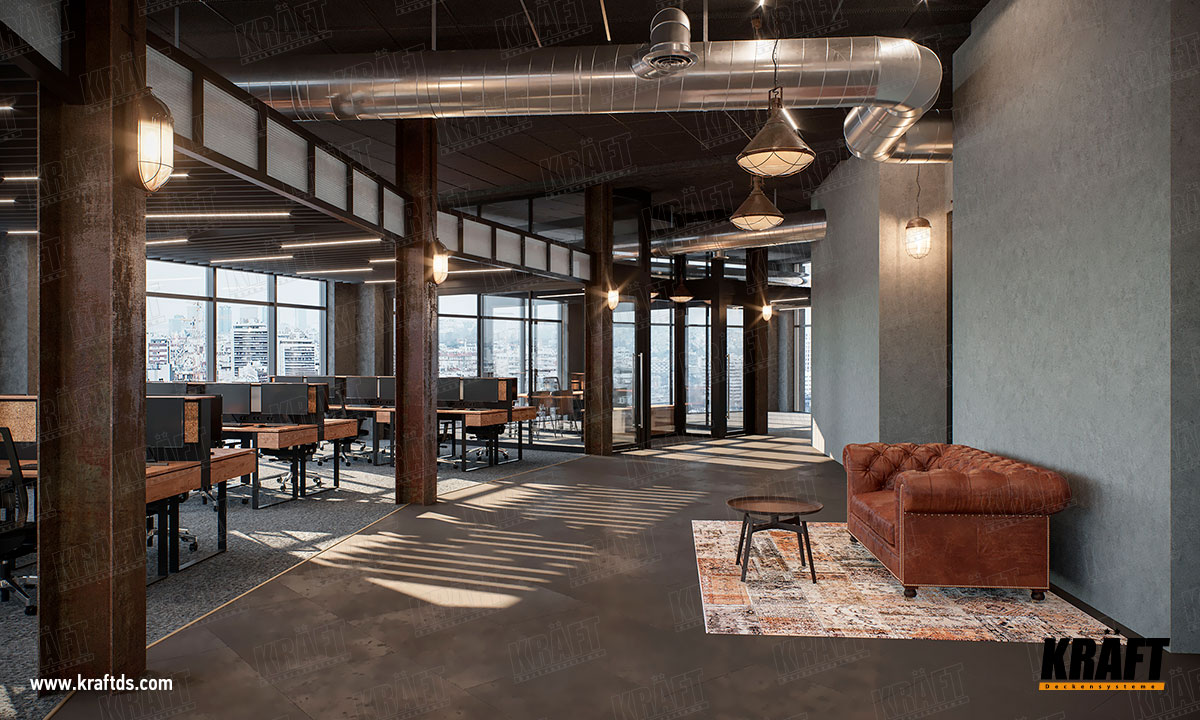 Sufity podwieszane dwupoziomowe KRAFT we wnętrzu biura typu otwartego: sufit akustyczny Kraft Fortis, griljato piramidalne, sufit ekranowy z listwy płaskiej, oświetlenie KRAFT Led