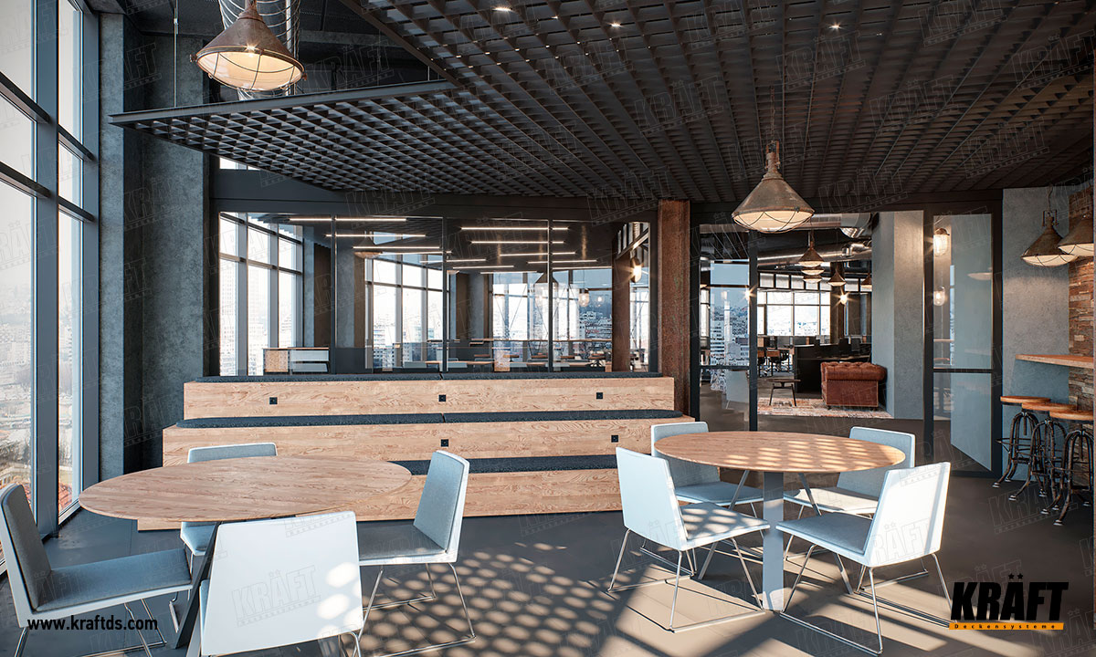 Sufity podwieszane dwupoziomowe KRAFT we wnętrzu biura typu otwartego: sufit akustyczny Kraft Fortis, griljato piramidalne, sufit ekranowy z listwy płaskiej, oświetlenie KRAFT Led