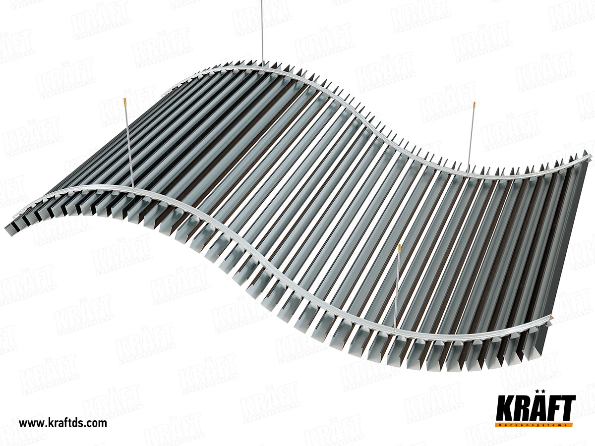 Sufit podwieszany z listwy kubicznej KRAFT. Designerski sufit za pomocą elastycznego trawersu do stworzenia efektu „fal”