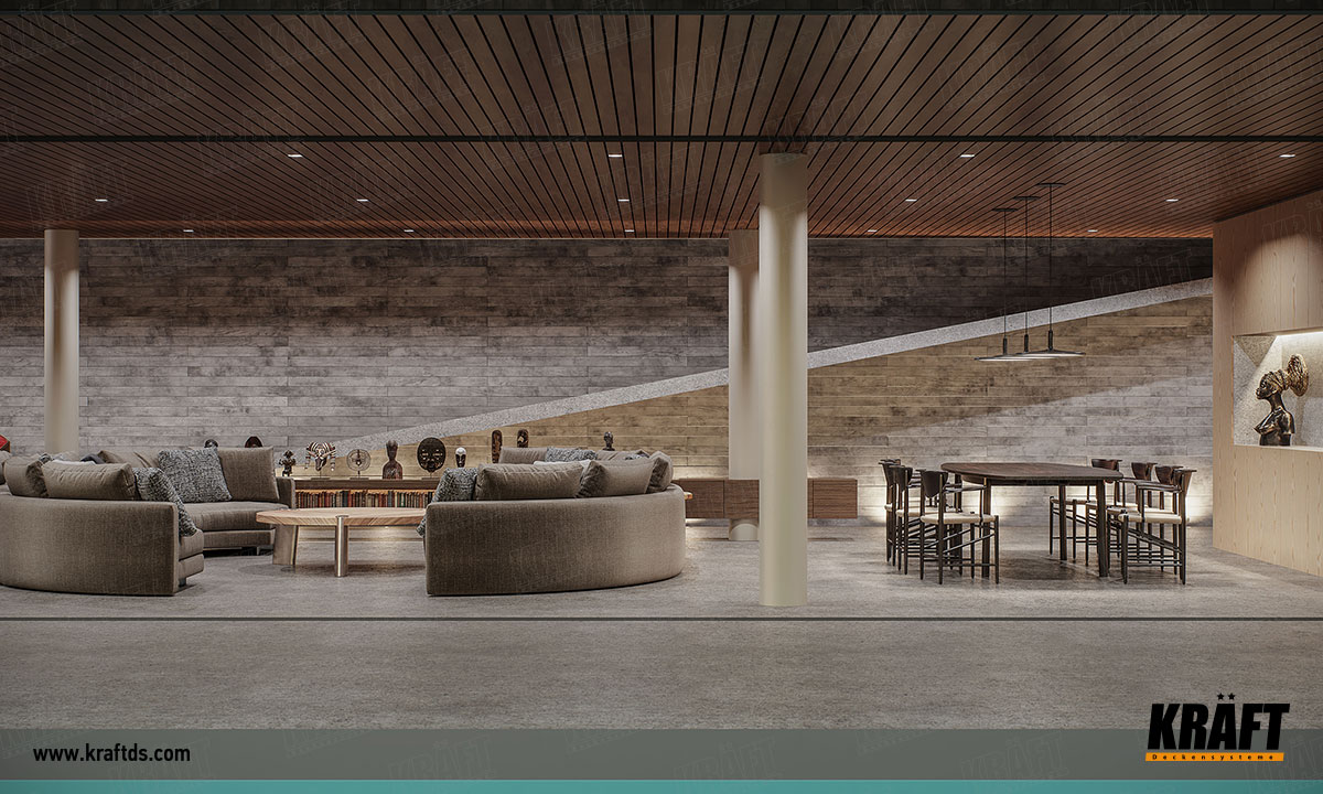 Sufit podwieszany z metalowej listwy kubicznej produkcji KRAFT we wnętrzu strefy rekreacyjnej z basenem