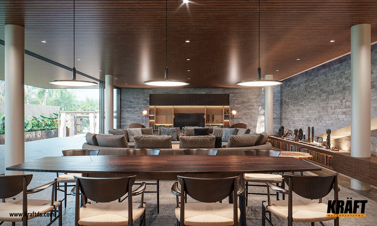 Sufit podwieszany z metalowej listwy kubicznej produkcji KRAFT we wnętrzu strefy rekreacyjnej z basenem