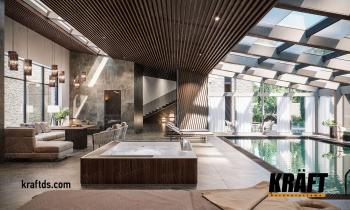 W zgodzie z naturą – listwa kubiczna o fakturze drewna we wnętrzu basenu