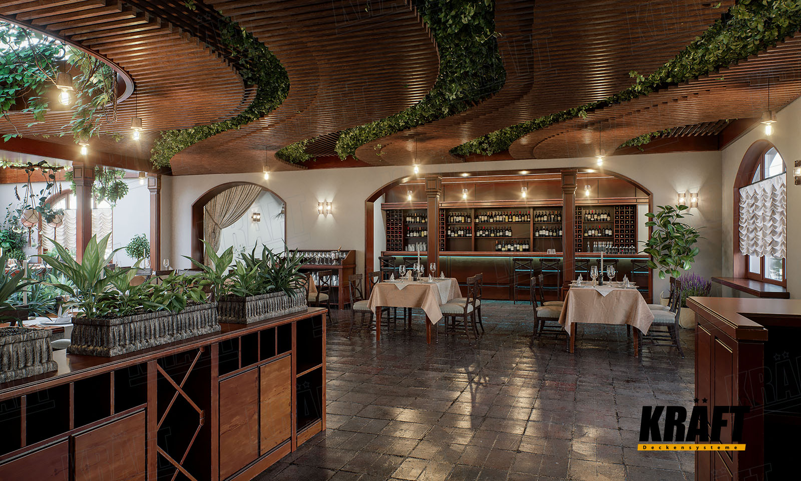 Дизайнерська рейкова підвісна стеля KRAFT в інтер'єрі ресторану