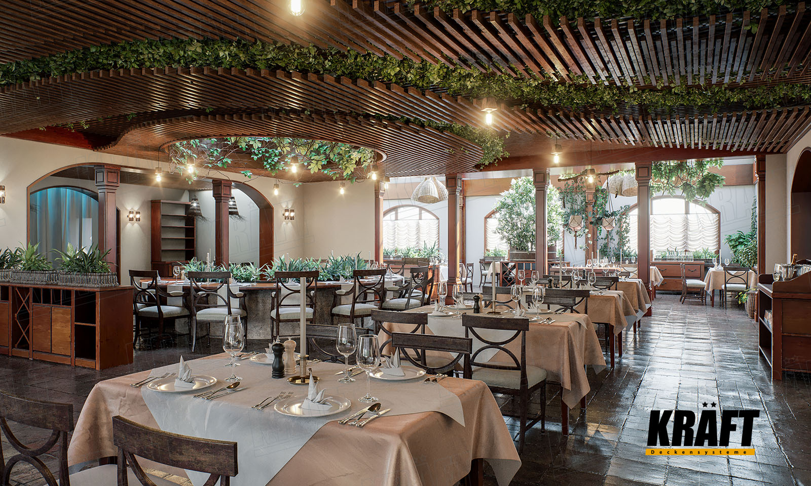 Дизайнерська рейкова підвісна стеля KRAFT в інтер'єрі ресторану