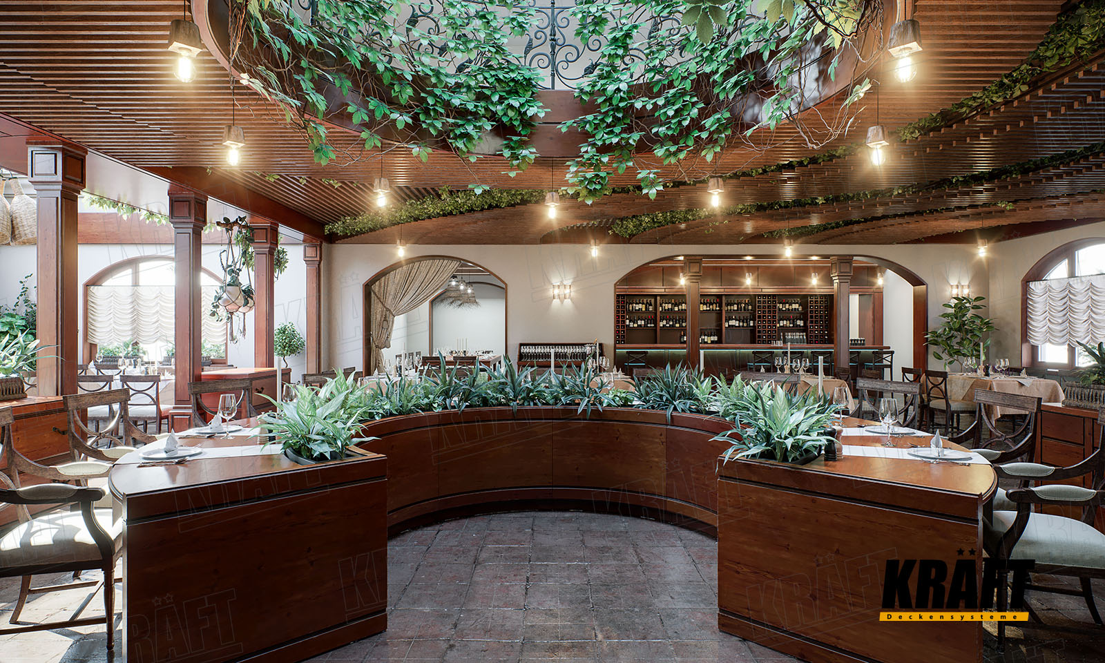 Дизайнерська рейкова підвісна стеля KRAFT в інтер'єрі ресторану