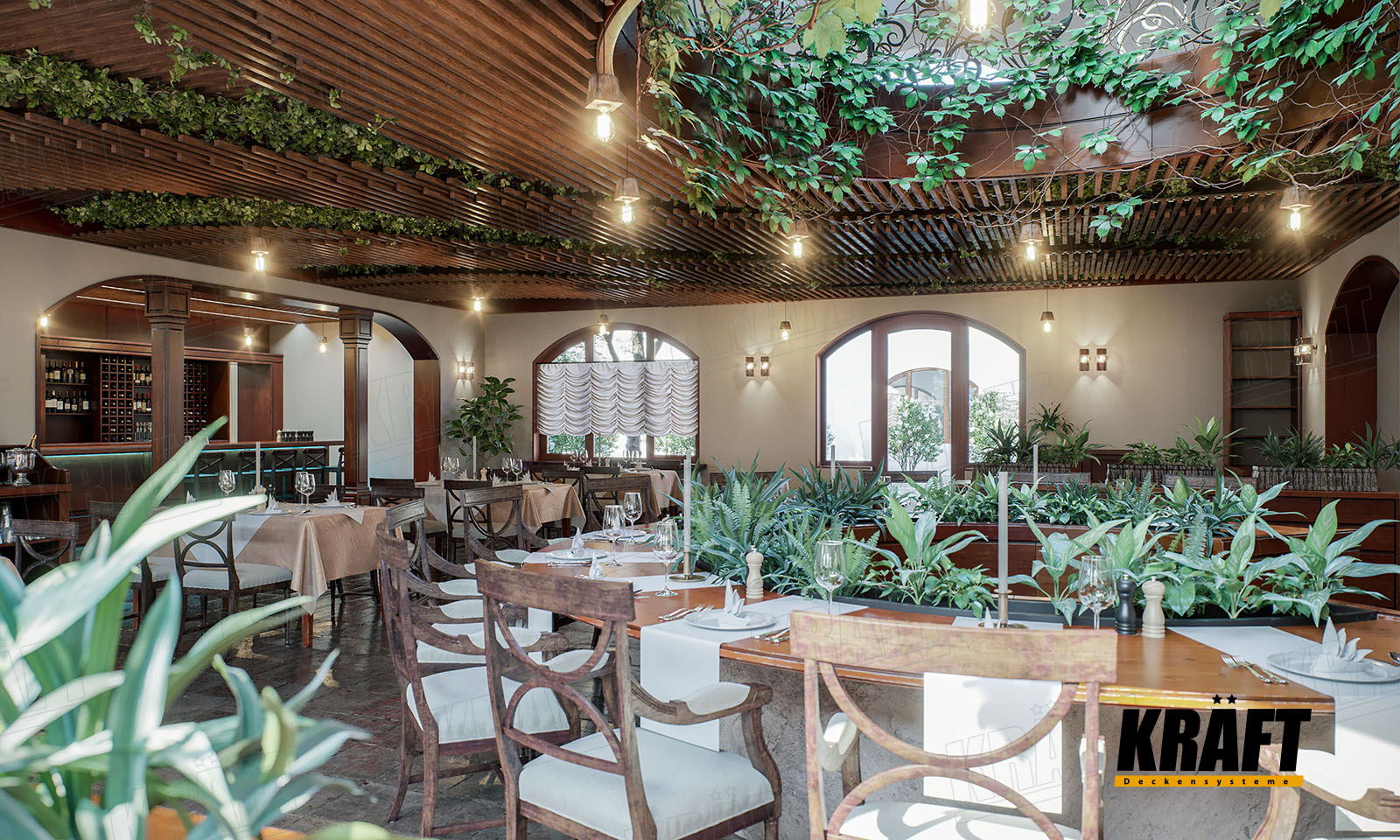 Дизайнерська рейкова підвісна стеля KRAFT в інтер'єрі ресторану