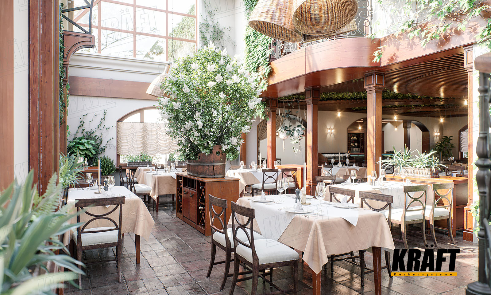 Дизайнерська рейкова підвісна стеля KRAFT в інтер'єрі ресторану