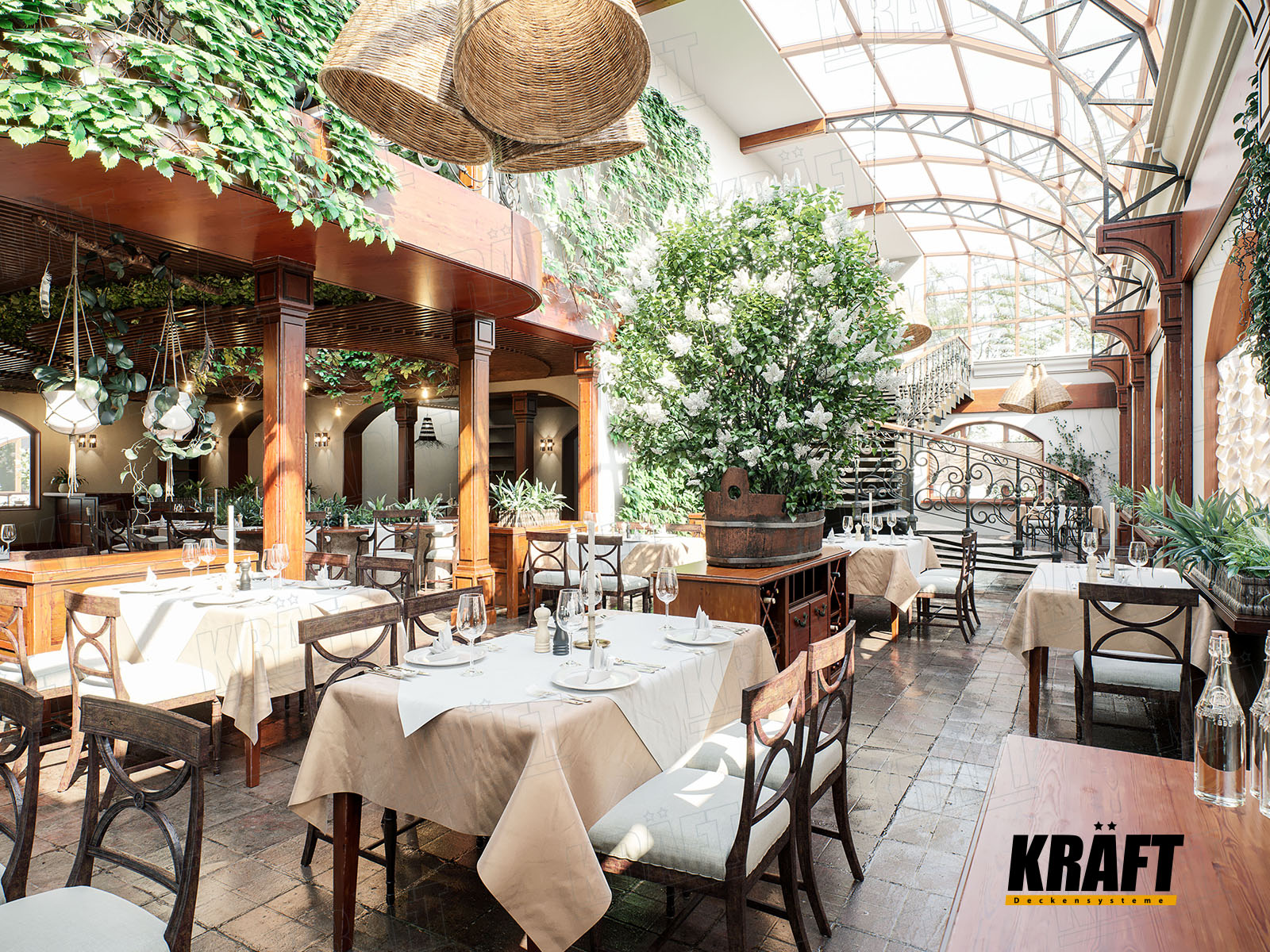 Дизайнерська рейкова підвісна стеля KRAFT в інтер'єрі ресторану