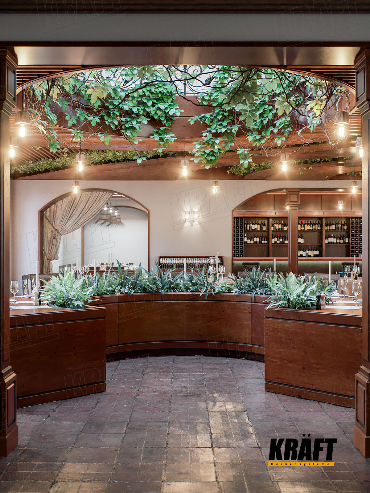 Дизайнерська рейкова підвісна стеля KRAFT в інтер'єрі ресторану