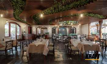 KRAFT cube-shaped suspended ceiling with wood grain: natural energy in restaurant interiors