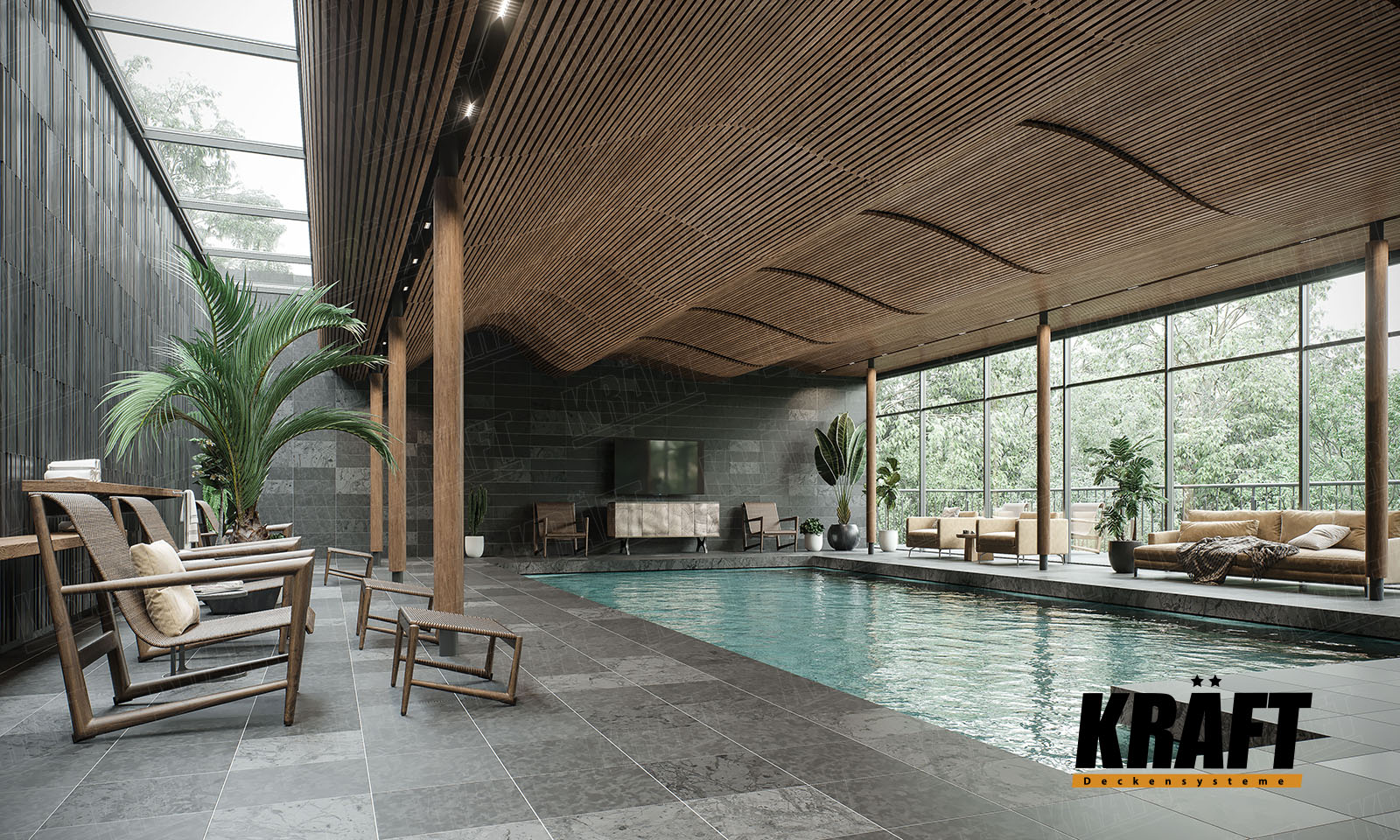 Oryginalny projekt sufitu podwieszanego z listwy kubicznej KRAFT z wykorzystaniem elastycznej belki nośnej w basenie