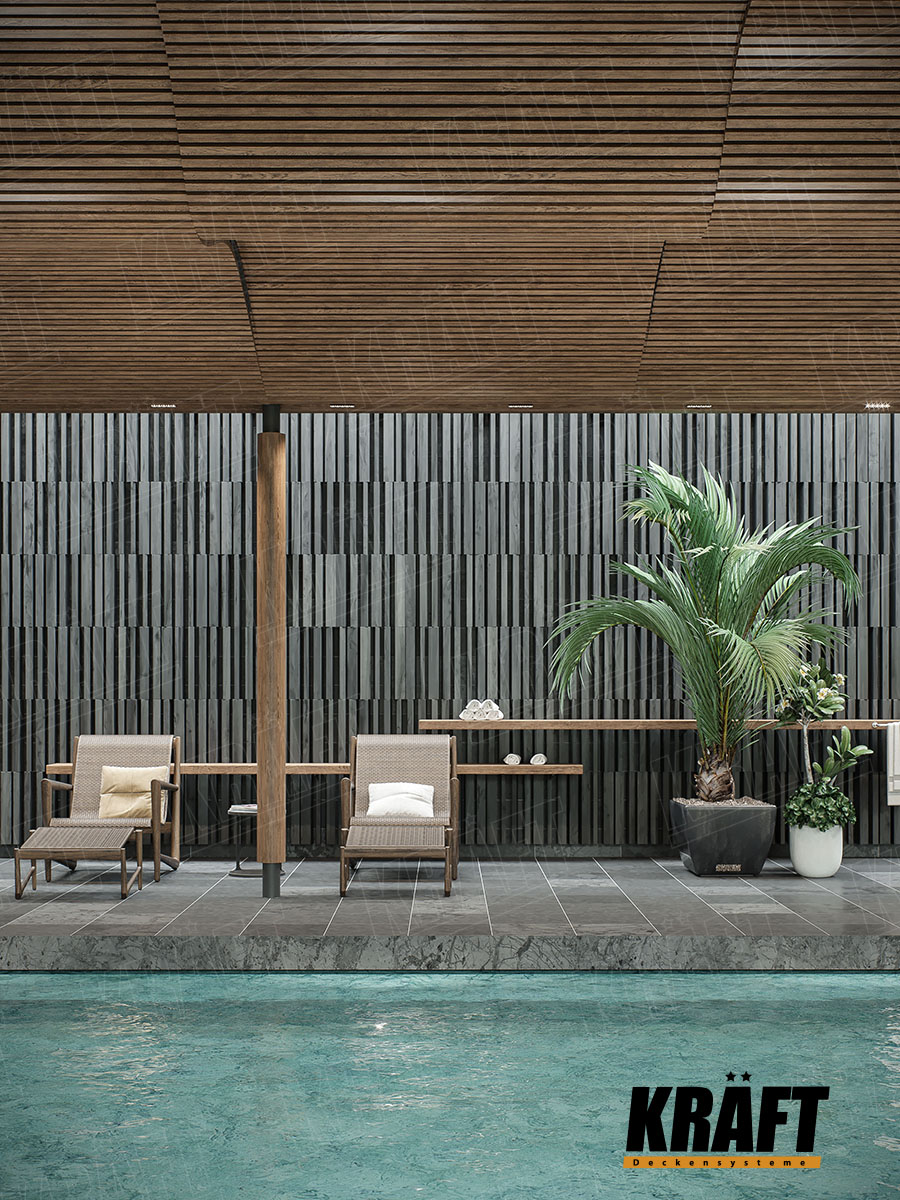 Oryginalny projekt sufitu podwieszanego z listwy kubicznej KRAFT z wykorzystaniem elastycznej belki nośnej w basenie