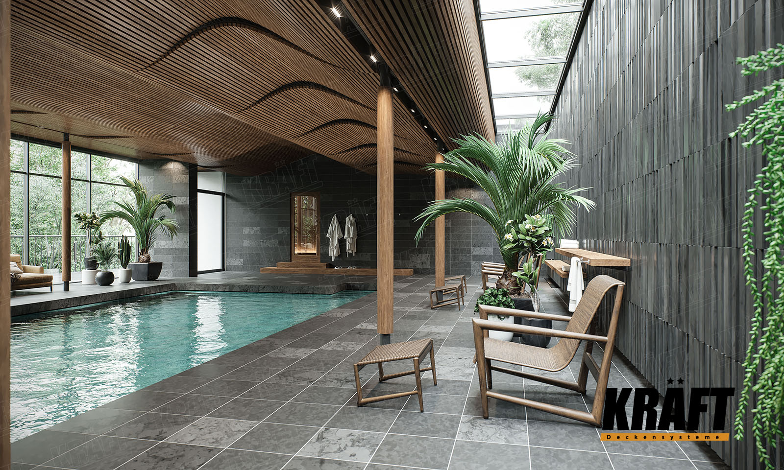 Oryginalny projekt sufitu podwieszanego z listwy kubicznej KRAFT z wykorzystaniem elastycznej belki nośnej w basenie